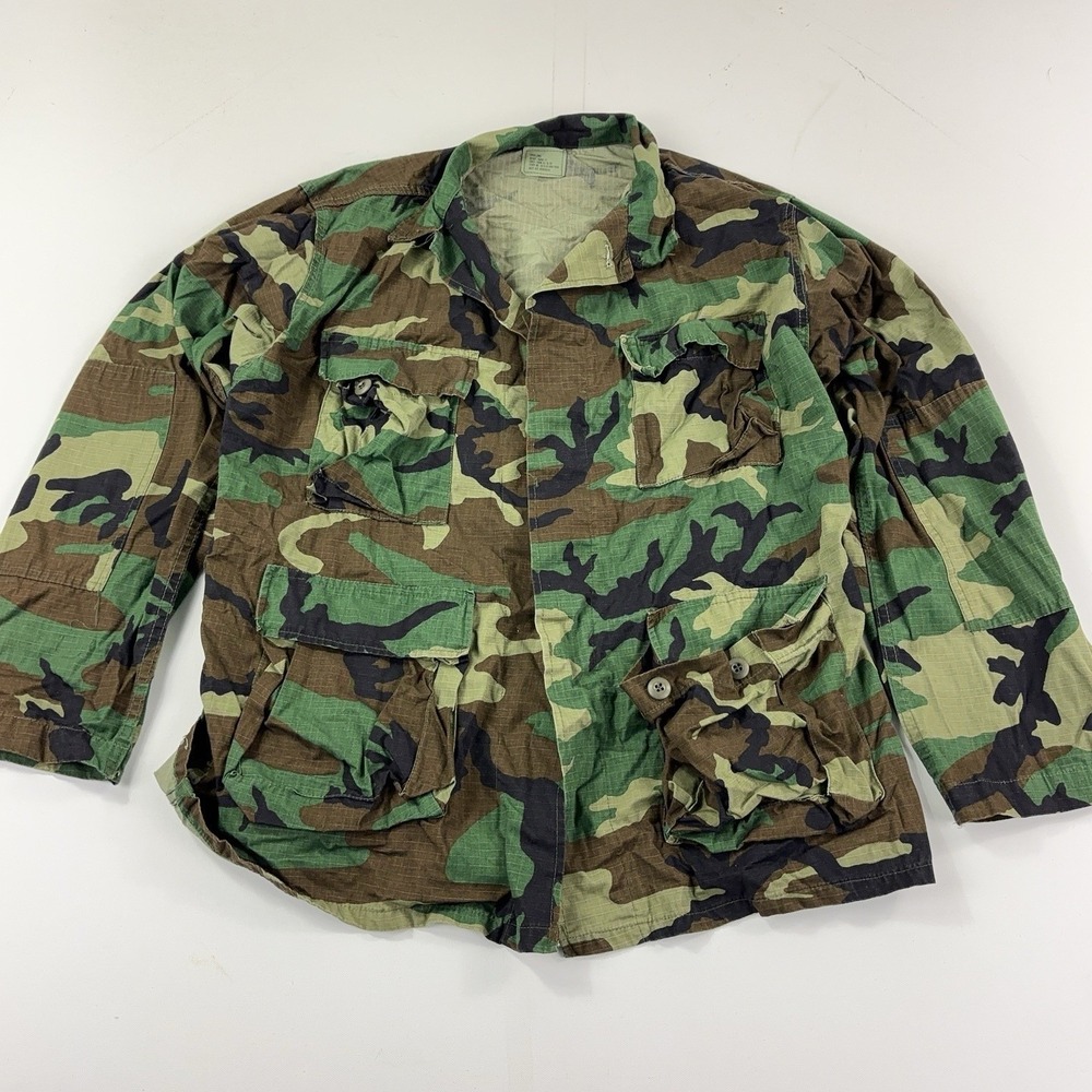 Woodland Camo Jacket Mens Large Long Green BDU Button Front Pockets Military